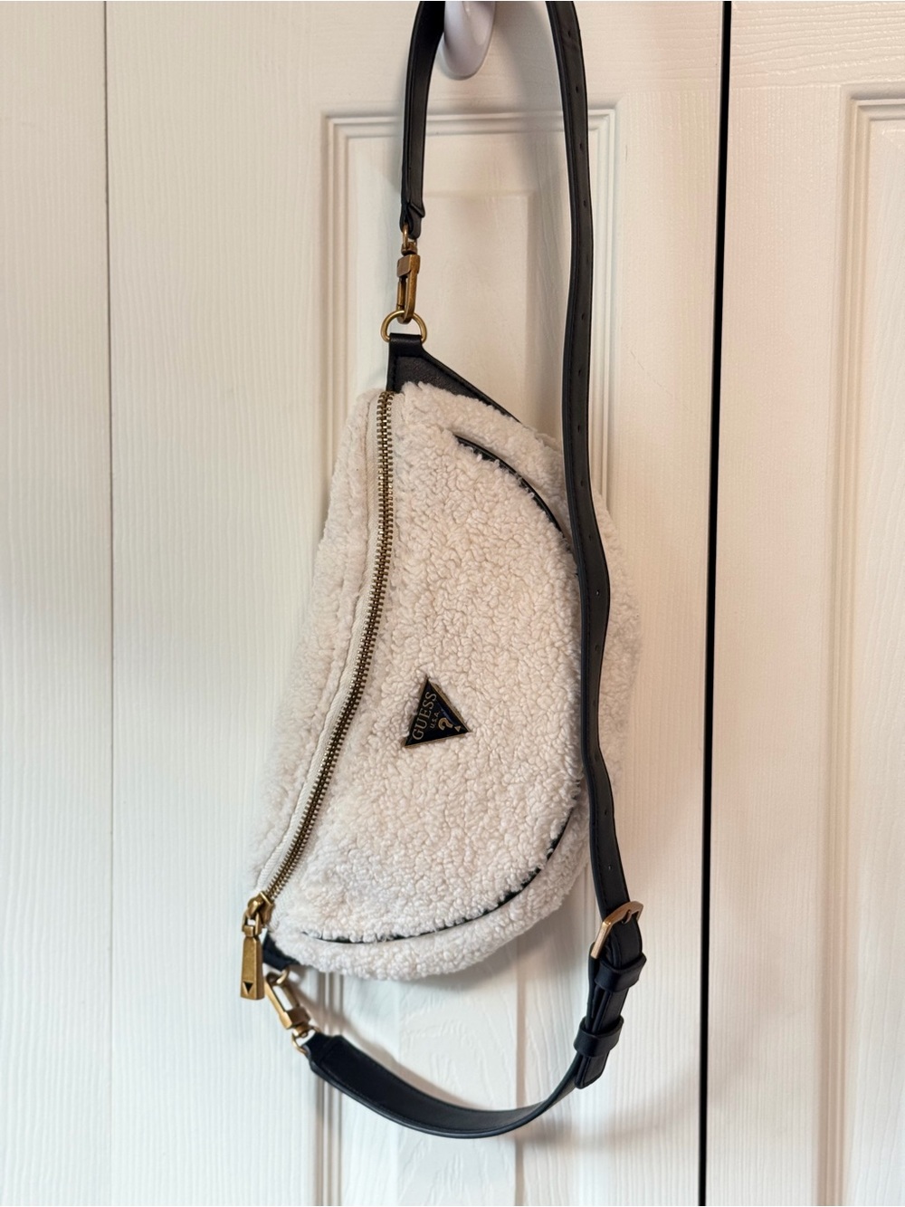 Guess Cream Sherpa Crossbody with Black Strap
